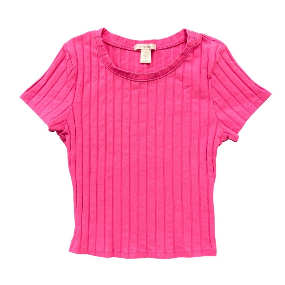 Bozzolo Ribbed Short Sleeve Tee Womens Medium Pink Crew Neck Stretch Baby Tee
